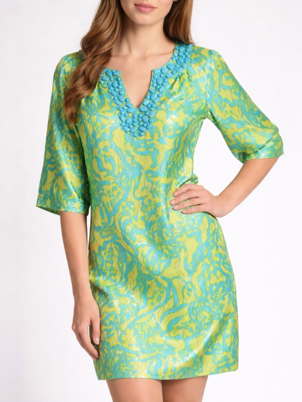 Lilly Pulitzer Alice Dress Silk Beaded Lush Green Wild Orchid Size 2 Tropical